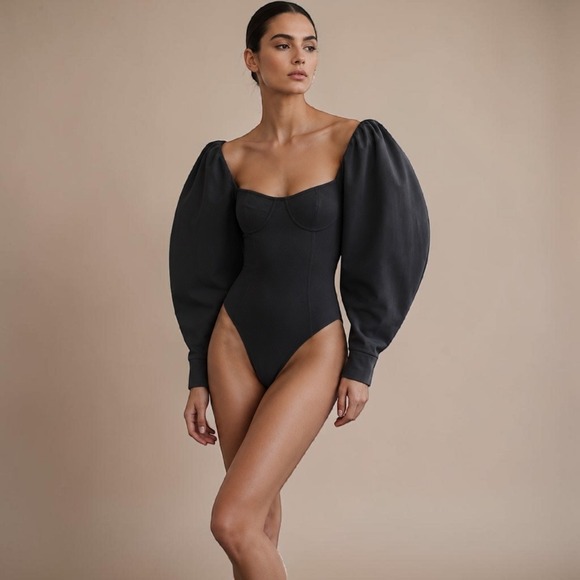 Zara Tops - Zara Ribbed Puff Sleeve Sleeve Cheeky Bodysuit Sz S Black